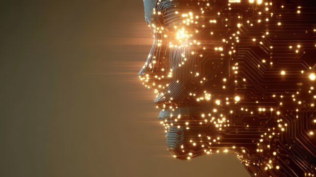 Abstract human head profile with a circuit board and glowing light rays