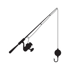 Fishing rod float hook reel line. Vector black silhouette. with white background