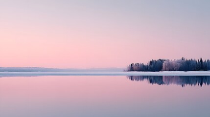 Obraz premium A smooth frozen lake horizon with pale ice tones reflecting a pastel twilight sky