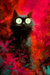 Expressive painting of a black cat with big eyes, on a vibrant red background, perfect for Halloween projects