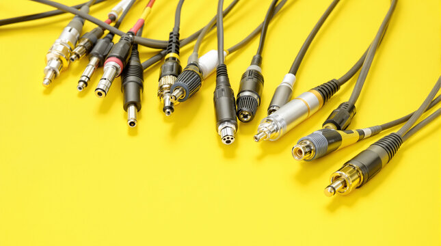 Audio and Video Cables on Yellow: Connectivity Close-Up