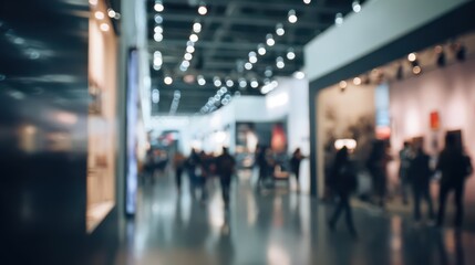 Blurred background of an exhibition hall with people walking around