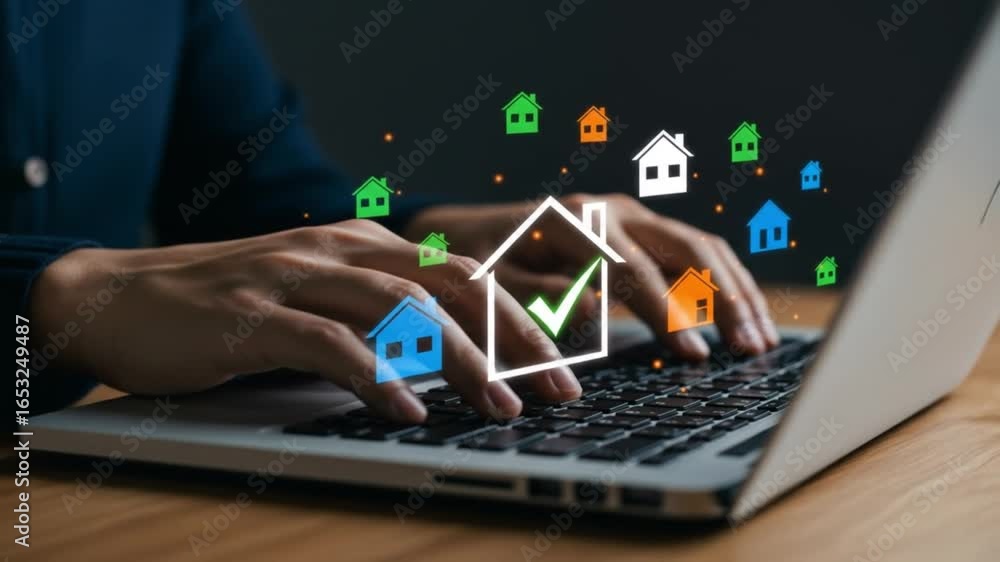 Poster person typing on laptop with house icons floating above the keyboard and a dark background scene vie