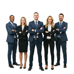 A confident group of diverse business professionals stands united, showcasing professionalism and a strong sense of teamwork.
