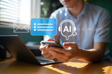 AI Assistant Integration A Person Uses a Smartphone with AI Icons for Enhanced Communication and Productivity