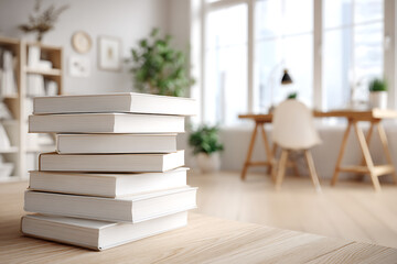 Stack of white books in a bright, modern room with a desk and plants in the background.