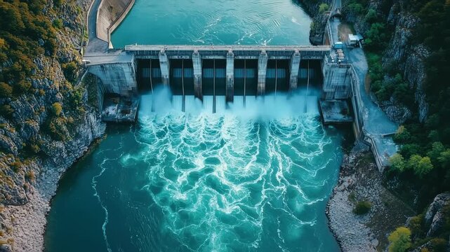 Aerial view of a hydroelectric dam releasing massive torrents of water, showcasing renewable energy and engineering strength.