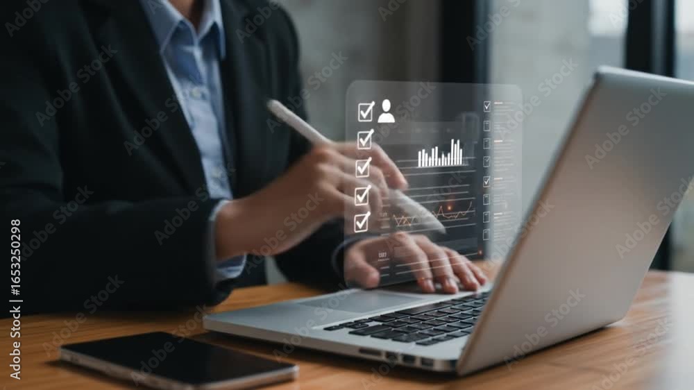 Poster a person in a suit interacts with a digital interface on a laptop with a phone on the table near by