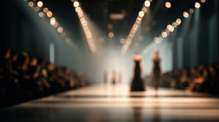Fashion show runway with blurred models and lights