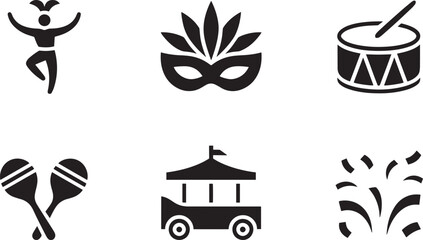 Carnival Icons Set Dancer, Mask, Drum, Maracas, Float, and Confetti Vector Illustration