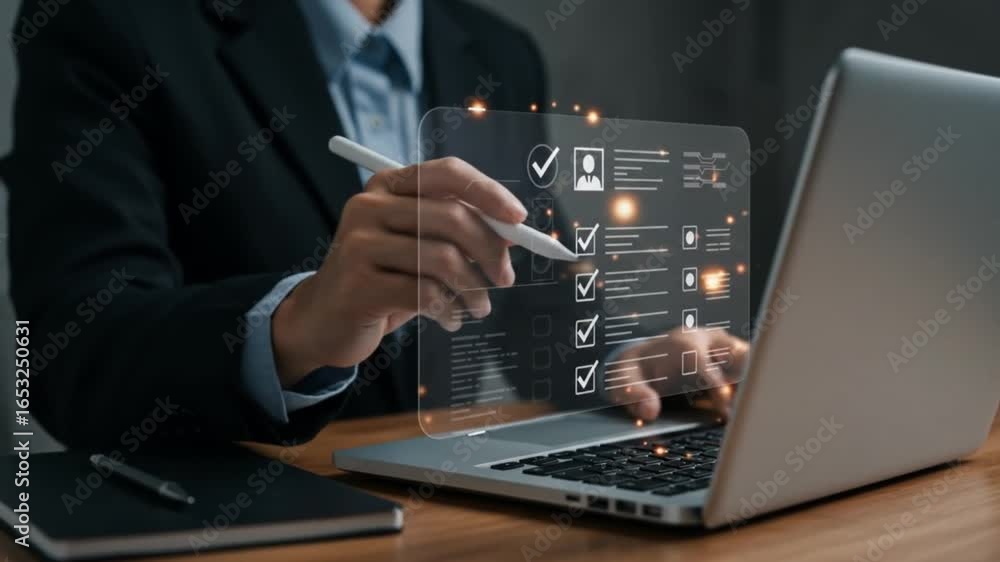 Poster man in suit using laptop with digital checklist interface and stylus on wooden desk in office settin
