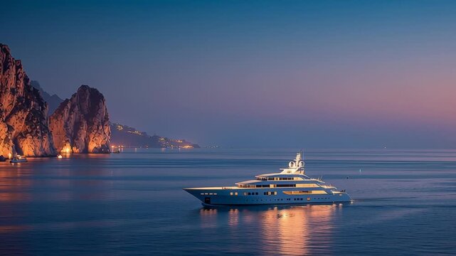 super yatch cruising solo off the coast of capri at night shot