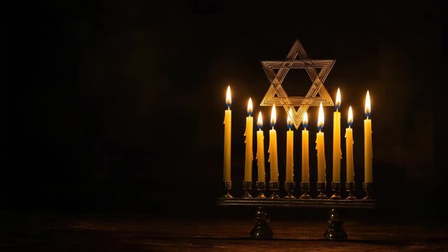 Hanukkah ritual: candle flame, jewish heritage, menorah ceremony, light blessing, festival tradition, sacred night, spiritual warmth, family unity, ancient story, cultural remembrance