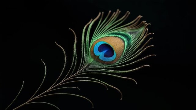 A close-up shot of a peacock feather on a black background