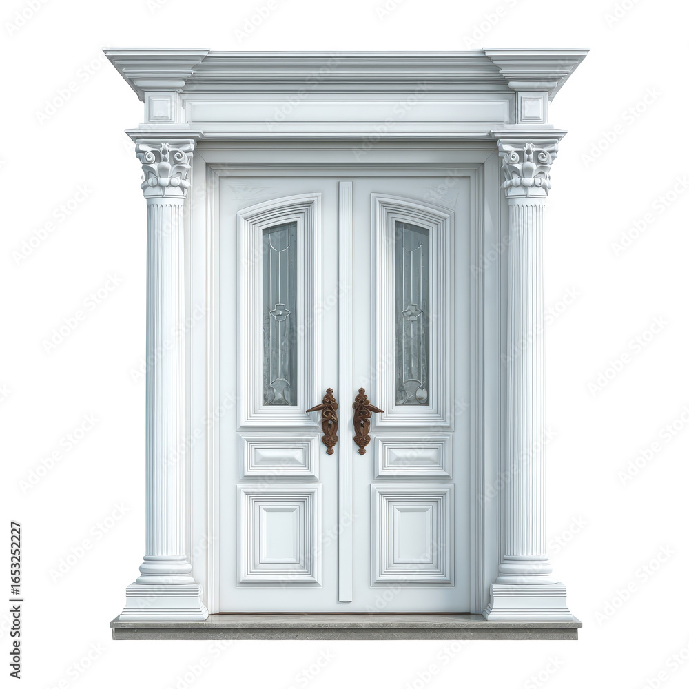 Poster elegant white double door with intricate designs and columns in a modern architectural setting