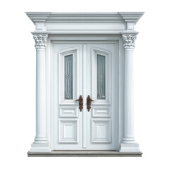 Elegant white double door with intricate designs and columns in a modern architectural setting