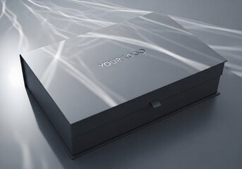 Elegant modern silver gift box with subtle light reflections and abstract flowing lines creating a sophisticated and luxurious presentation for special occasions or premium products