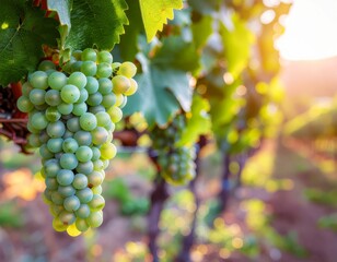 Green Wine Grapes on Vine with Sunlight and Leaves