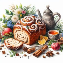 Artistic still life with cinnamon roll bread, tea set, apples, spices, and flowers on a rustic table.