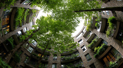 Curved building facade with balconies and lush green trees viewed from below architecture