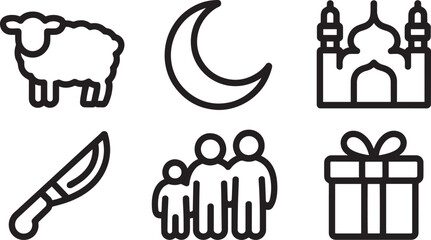 Eid Mubarak Icons Set Sheep Moon Mosque Knife Family Gift Outline Style on Transparent Backdrop
