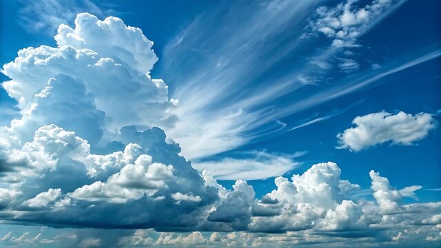 A bright blue sky with large fluffy white clouds and sun rays - Powered by Adobe