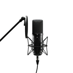 A professional  microphone, complete with a pop filter and stand, is presented against a stark black backdrop.