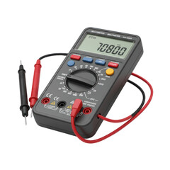 Fototapeta premium A close-up view of a digital multimeter, displaying a reading of 70800, with its red and black test leads connected.