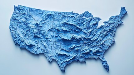 A 3D topographic map of the United States, showcasing mountains, valleys, and state borders in blue tones against a light background.