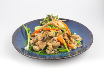 Stir-fried Rice Noodles with Soy Sauce and Pork on white background , Thai Style food