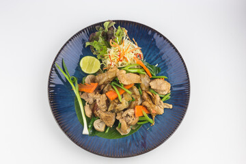 Stir-fried Rice Noodles with Soy Sauce and Pork on white background , Thai Style food