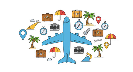 Travel Icons: Airplane Luggage Palm Trees and Umbrellas.