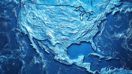A textured blue map of the United States, highlighting geographical features and topography in a visually striking way.