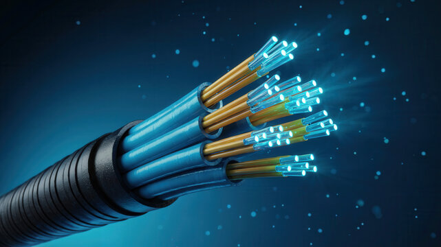 Experience high-speed digital transformation with luminous fiber optic cables transmitting data through the darkness, symbolizing connectivity and advanced technology.