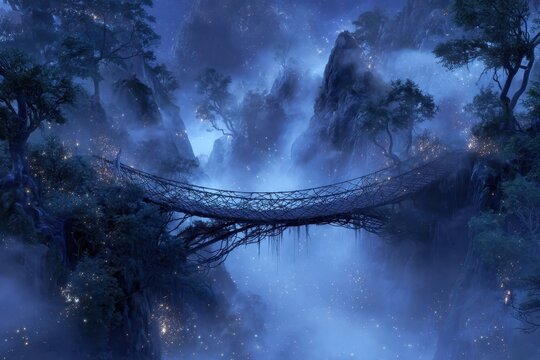 Fototapeta Mystical Rope Bridge Crossing a Starry Mountain Landscape at Night