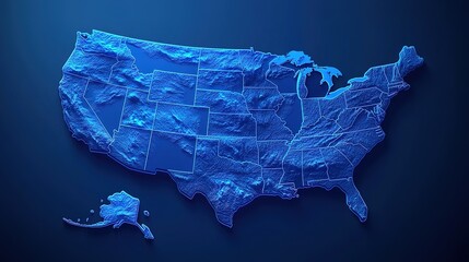 A detailed blue map of the United States, including Alaska and Hawaii, showcasing topographic features and state borders.