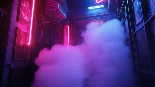 A room filled with vibrant neon lights, with smoke wafting through the air