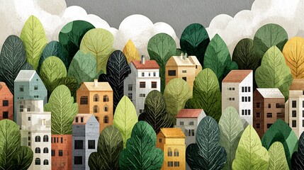 A whimsical illustration of a small town nestled among lush green trees, with colorful houses and a cloudy sky in the background.