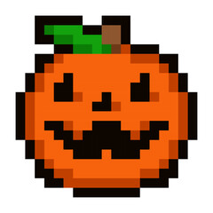 Pixel illustration of Halloween pumpkin emoji isolated on white background. Perfect for festive graphics, retro games, spooky decorations, digital stickers and holiday themed designs. 