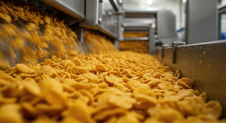 Golden cornflakes cascading down a conveyor belt in a modern food production facility, ready for packaging and distribution