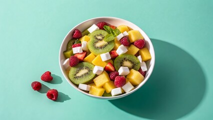 Fresh and Colorful Fruit Salad Bowl with Kiwi Mango and Raspberries
