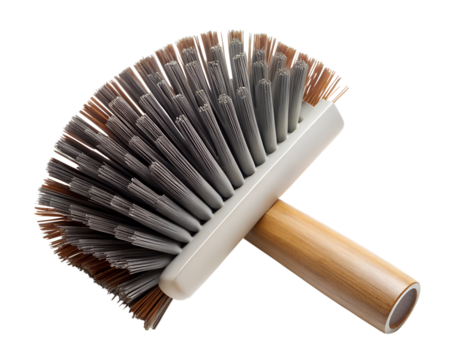 A round cleaning brush with a wooden handle, isolated on transparent background