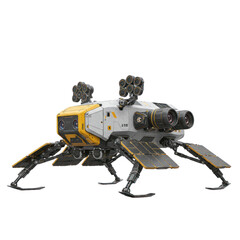 A futuristic, multifaceted, mobile robotic vehicle, featuring a sleek design with contrasting yellow and white sections, is presented against a black backdrop.