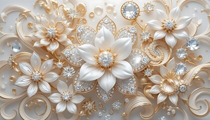 Luxurious 3D White Flowers with Gold Ornaments and Diamonds.