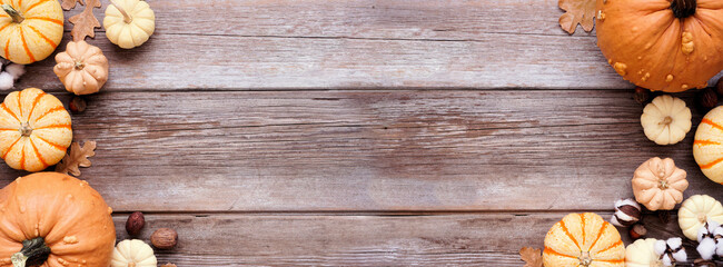 Fall double border of muted tone pumpkins and natural decor. Top down view on a rustic wood banner...