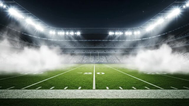 Dramatic Night Football Stadium - An empty American football field is dramatically illuminated by bright stadium lights at night, with a smoky atmosphere adding to the intense mood.