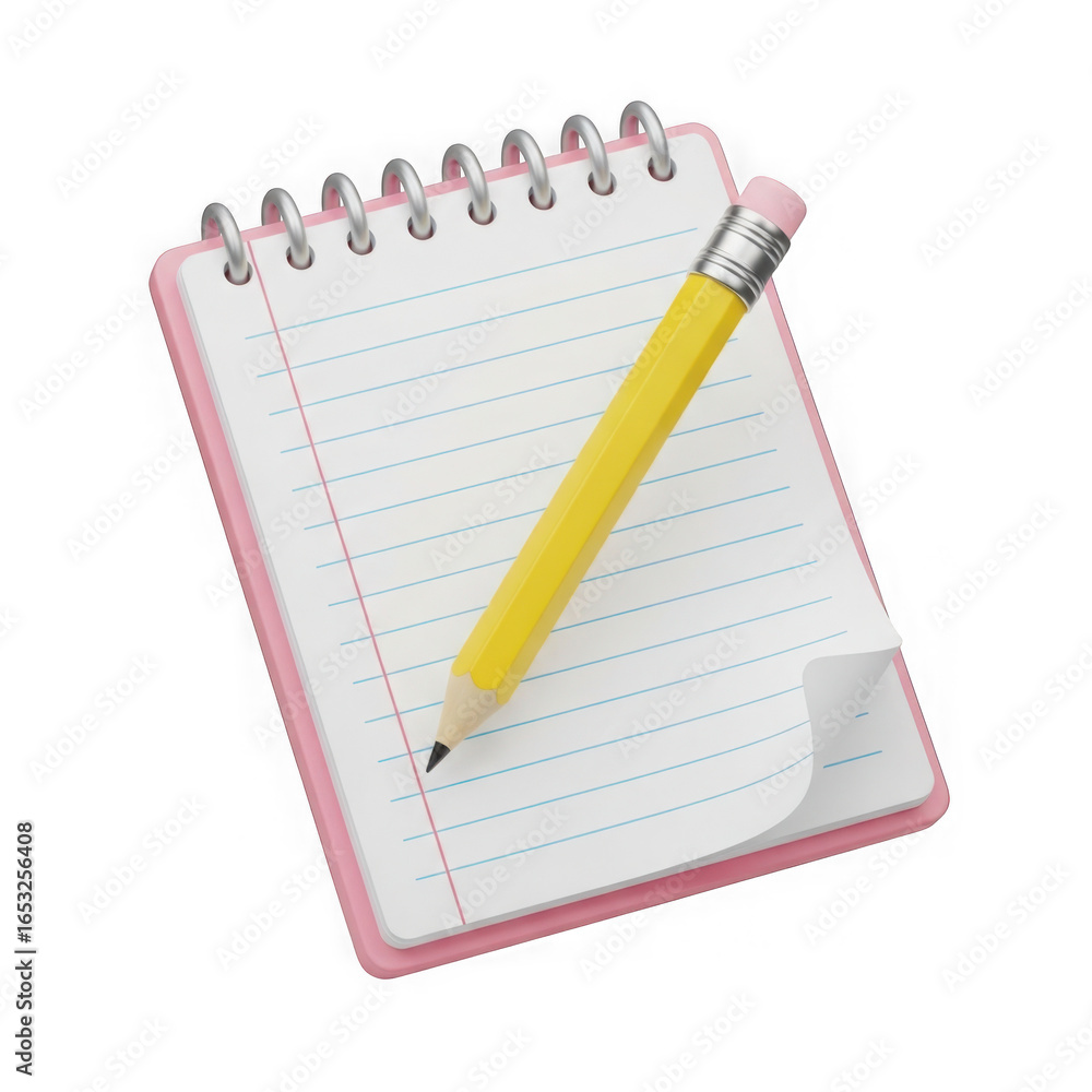Aufkleber a yellow pencil rests on a small spiral bound notebook with lined paper isolated on transparent back