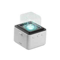 Obraz premium A modern, cube-shaped device showcases a futuristic interface with glowing, translucent displays.