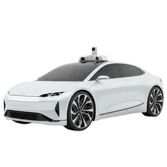 A sleek, white autonomous vehicle is prominently displayed, showcasing cutting-edge technology.