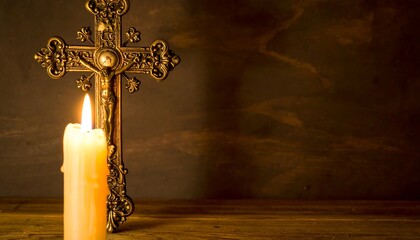 Ornate cross and candle on a wooden surface